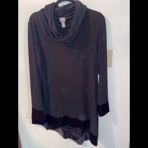 Chico's Traveler's flowy black top with velvet accents on bottom and cuffs.